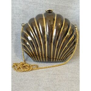 Vintage Silver Gold Clam Shell Minaudière Metal Evening Clutch Purse Art Deco